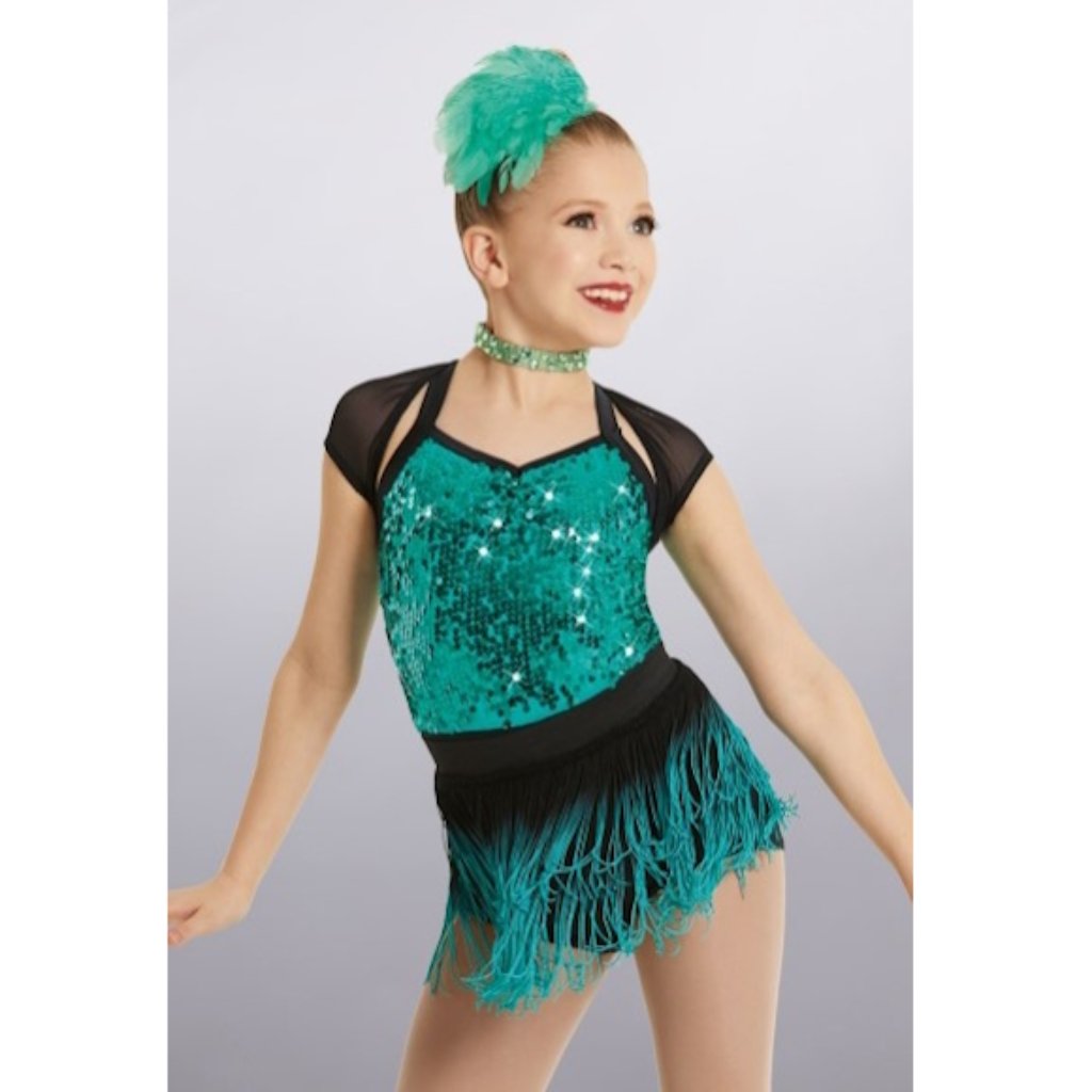 Weissman Biketard Dance Costume Girls Teal Size Medium Child Sequin Top Gymnast